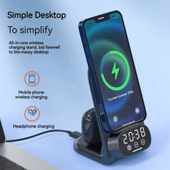 15W Wireless Charging Station with Clock Stand for iPhone, Samsung & Type-C Earbuds