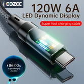 120W USB-A to USB-C Fast Charging Cable 6A LED Display Nylon Braided Data Sync Cable