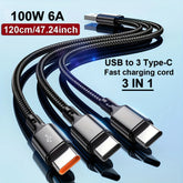 3-in-1 USB-A to Triple USB-C 100W Fast Charging Cable 5A Braided Data Transfer Cord