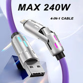 4-in-1 240W USB Type-C to USB-C PD Fast Charging Cable with LED Indicator for iPhone 16/15, iPad, Samsung, Xiaomi & Tablets