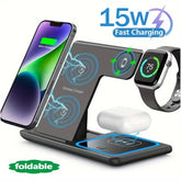 15W 3-in-1 Foldable Wireless Charging Station with LED Indicator for iPhone, Apple Watch & AirPods