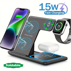 15W 3-in-1 Foldable Wireless Charging Station with LED Indicator for iPhone, Apple Watch & AirPods