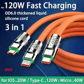 120W 6A 3-in-1 Fast Charging Cable – USB to USB-C, Micro USB & iOS Charging Cable 1.2M