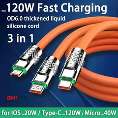 120W 6A 3-in-1 Fast Charging Cable – USB to USB-C, Micro USB & iOS Charging Cable 1.2M
