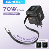70W GaN Fast Charger with Retractable USB-C Cable | 3-in-1 PD3.0 QC4.0 PPS Charger