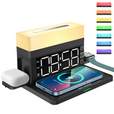 6-in-1 15W Wireless Charging Station with Digital Alarm Clock, RGB Night Light & Phone Stand