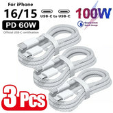 3 Pack USB-C to USB-C 100W Fast Charging Cable 6A PD Charging & Data Cable