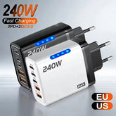 240W GaN 5-Port Fast Charger with 3 USB-C & 2 USB-A Ports – PD Fast Charging Desktop Wall Adapter