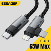 2 in 1 USB-C to USB-C & Lightning PD 65W Fast Charging Data Cable 480Mbps 1M/2M