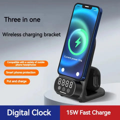 15W Wireless Charging Station with Clock Stand for iPhone, Samsung & Type-C Earbuds