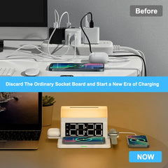 6-in-1 15W Wireless Charging Station with Digital Alarm Clock, RGB Night Light & Phone Stand
