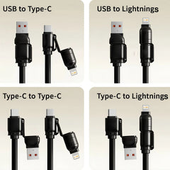 240W 4-in-1 Spring Car Fast Charging USB Cable for iPhone Samsung Huawei iPad USB-C CarPlay Compatible