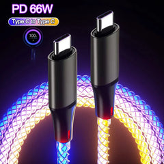 66W RGB LED Fast Charging USB-C Cable – 6A Braided Data Sync Cable with 480Mbps Transfer & Gradient Light