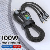 3 in 1 USB Fast Charging Cable 100W 6A USB-A to Lightning, Micro USB & Type-C Data Cable