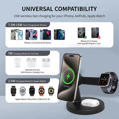 3-in-1 Magnetic Wireless Charging Stand 15W Fast Charger for Phone, Smartwatch & Earbuds