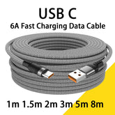 6A USB-A to USB-C Fast Charging Cable 1M 2M 3M 5M 8M Braided Data Charging Cord