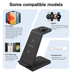 3 in 1 Wireless Charger Stand 15W Fast Charging Station for iPhone, Samsung Galaxy, Apple Watch, Galaxy Watch & AirPods