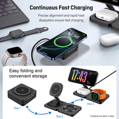 3-in-1 Magnetic Foldable Wireless Charging Station 15W for iPhone 16/15/14/13/12, Apple Watch & AirPods