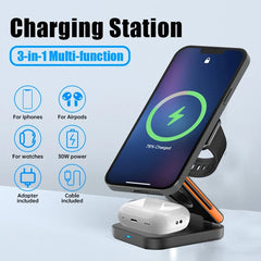 3 in 1 Foldable Magnetic Wireless Charger Stand 15W for iPhone 12-17, Apple Watch & AirPods