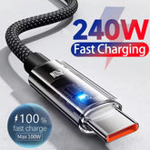 240W USB-C Fast Charging Cable with LED Digital Display Nylon Braided 5A Data Cable