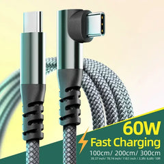60W USB-C to USB-C PD Fast Charging Cable 1M 2M 3M Braided Data Transfer Cord
