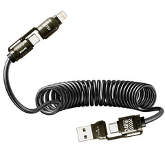 240W 4-in-1 Spring Car Fast Charging USB Cable for iPhone Samsung Huawei iPad USB-C CarPlay Compatible