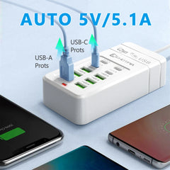 10-Port USB & Type-C Charging Station with 1.2m Extension Cord | Multi-Port Charger