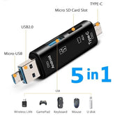 5-in-1 USB Type-C Micro USB Card Reader Adapter with USB, SD and TF Card Slots