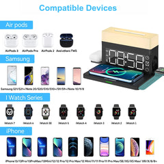 6-in-1 15W Wireless Charging Station with Digital Alarm Clock, RGB Night Light & Phone Stand