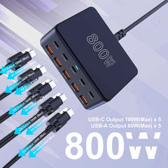 800W GaN 10-Port Fast Charging Station | 100W PD3.0 USB-C Charger for Laptops & Phones