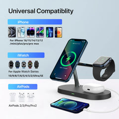 3 in 1 Magnetic Wireless Charging Station 15W for iPhone 12/13/14/15/16/17, Apple Watch & AirPods