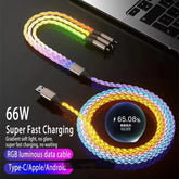 66W RGB LED Fast Charging USB-C Cable – 6A Braided Data Sync Cable with 480Mbps Transfer & Gradient Light