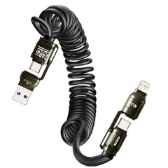 240W 4-in-1 Spring Car Fast Charging USB Cable for iPhone Samsung Huawei iPad USB-C CarPlay Compatible