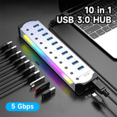 10-Port USB-C Hub USB 3.0 Multiport Adapter for Data & Peripheral Expansion