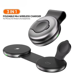 Mini 3-in-1 Foldable Magnetic Wireless Charging Station 15W Fast Travel Charger for Phone, Smartwatch & Earbuds