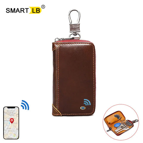 Smart Bluetooth-compatible Tracker Connection Genuine Leather Men Women Key Holder Organizer  Zipper Bag Keychain Car Key Case