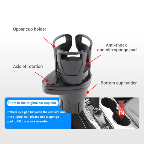 2 in 1 Car Cup Holder Expander 360 Degree | Adjustable Base Drink Holder Anti-Shake Stable Auto Bottle Holder Organizer