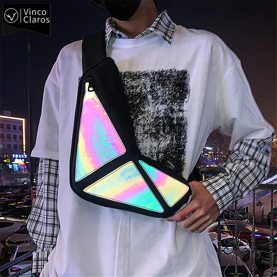 Cool Reflective Men's USB Chest Bag Trend Designer | Holographic Crossbody Bags for Men Hip Hop Streetwear Couple Bag Waterproof