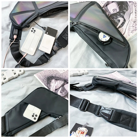 Cool Reflective Men's USB Chest Bag Trend Designer | Holographic Crossbody Bags for Men Hip Hop Streetwear Couple Bag Waterproof