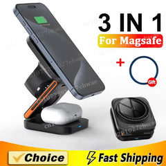 3 in 1 Foldable Magnetic Wireless Charger Stand 15W for iPhone 12-17, Apple Watch & AirPods
