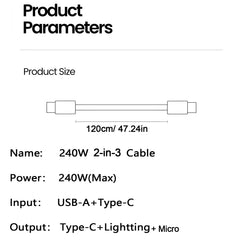 3-in-1 USB Charging Cable 5A Braided Fast Charge & Data Sync Cable for USB-C Compatible Devices