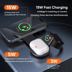 Mini 3-in-1 Foldable Magnetic Wireless Charging Station 15W Fast Travel Charger for Phone, Smartwatch & Earbuds