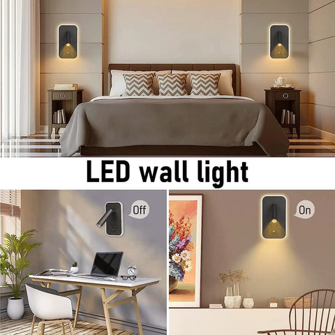 Bedside Wall Lamp, LED Wall Light, Wall Mounted Reading Light with Switch and USB Port, Rotatable Wall Sconce Wall Spotlight