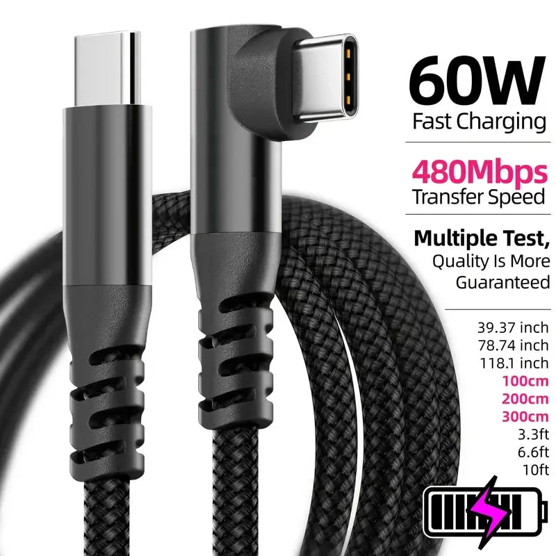 60W USB-C to USB-C PD Fast Charging Cable 1M 2M 3M Braided Data Transfer Cord