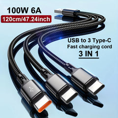 3-in-1 USB-A to Triple USB-C 100W Fast Charging Cable 5A Braided Data Transfer Cord