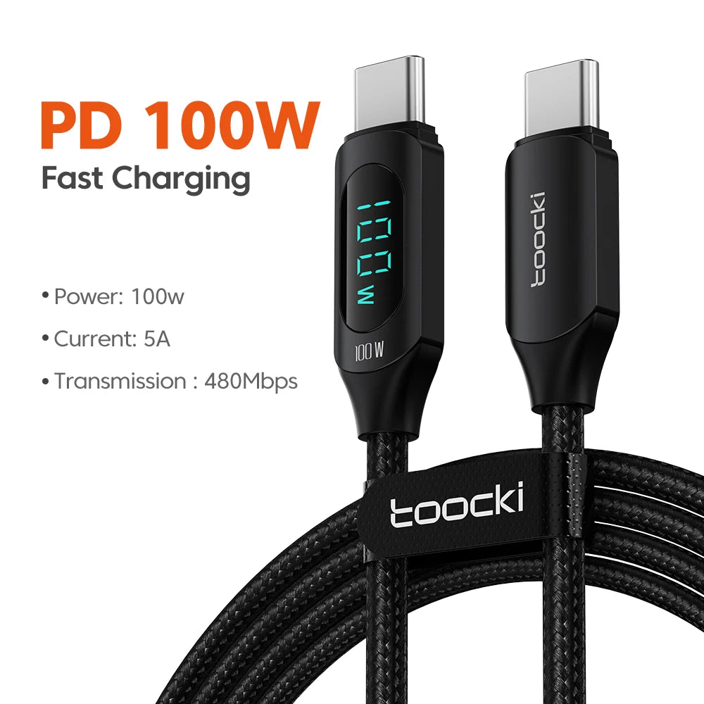 100W USB Type-C to Type-C PD Fast Charging Cable with Digital Display & 5A E-Marker Chip