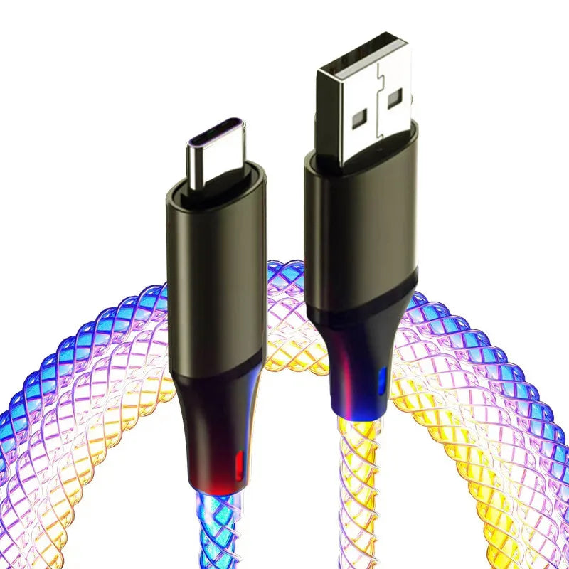 66W RGB LED Fast Charging USB-C Cable – 6A Braided Data Sync Cable with 480Mbps Transfer & Gradient Light