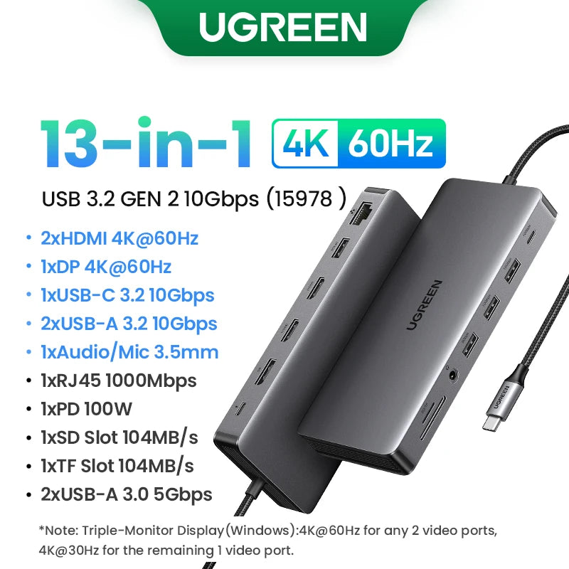 13-in-1 USB-C Docking Station | 4K Triple Display, 10Gbps, 100W PD, HDMI & RJ45