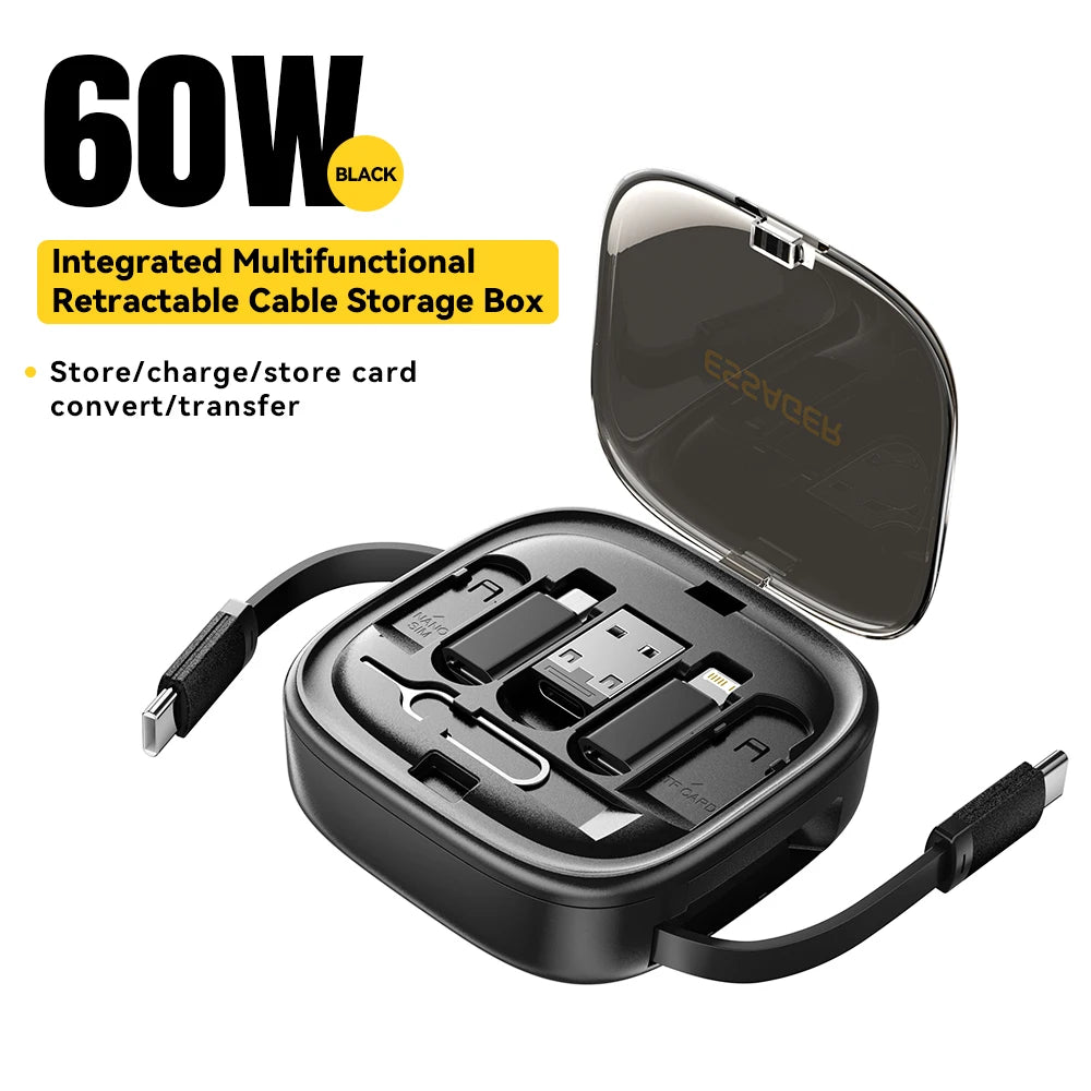 60W USB-C to USB-C Fast Charging Cable with Storage Box & Phone Holder – Retractable Travel Charging Cord