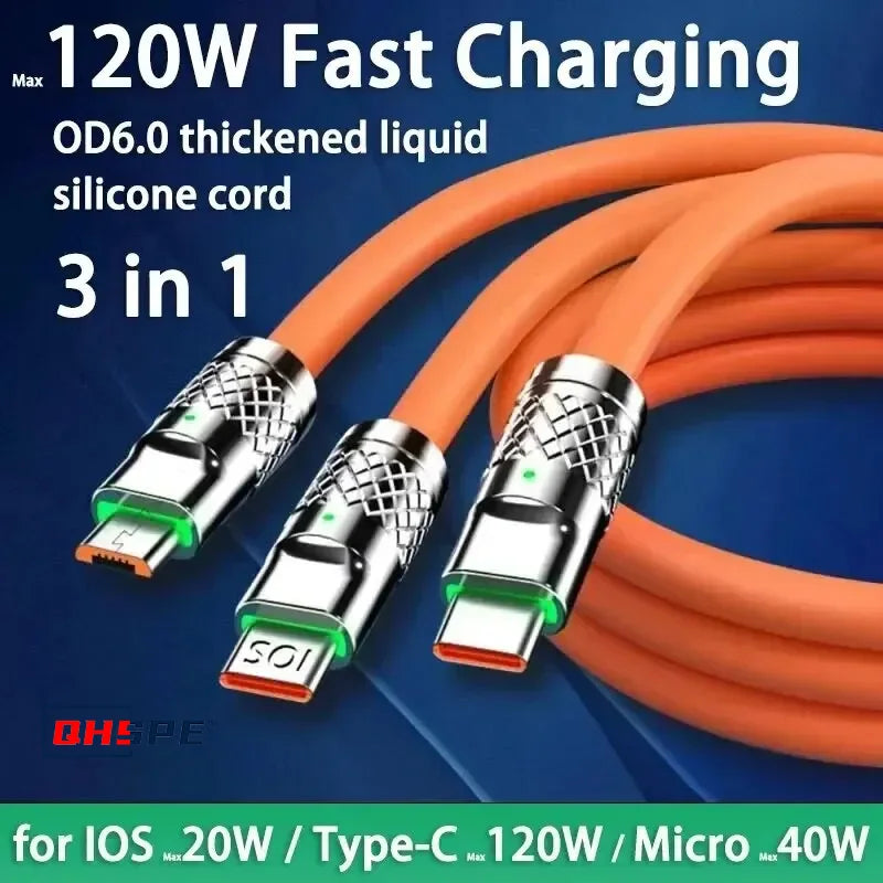 120W 6A 3-in-1 Fast Charging Cable – USB to USB-C, Micro USB & iOS Charging Cable 1.2M